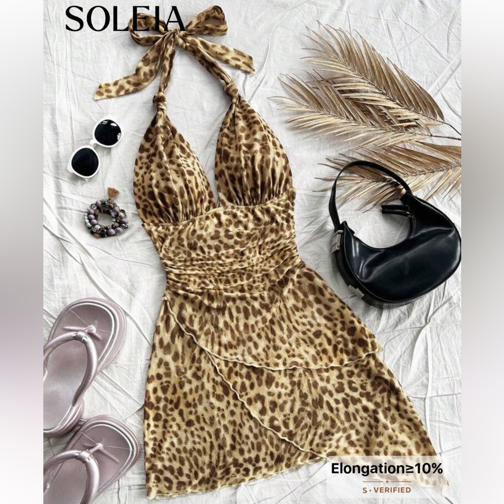 SHEIN Brown Leopard Print Halter Mini Dress
